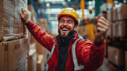 A warehouse worker wearing a hard hat expresses joy and enthusiasm after achieving a productive day managing inventory. Surrounding him are organized stacks of boxes, highlighting efficient storage.