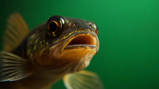 Closeup of a Walleye Fish with Green Background.
