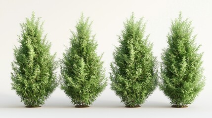 Fototapeta premium Four evergreen trees, studio shot, white background, landscaping design