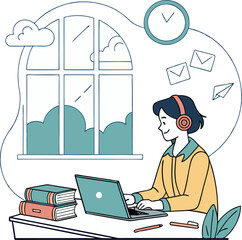 "Young Woman Working on Laptop with Headphones"

