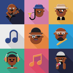 Fototapeta premium 2d vector illustration icon cool entertainment cartoon character music tools (Drum , Music Note , Headphones ,Microphone , Piano , Guitar ,Record) 