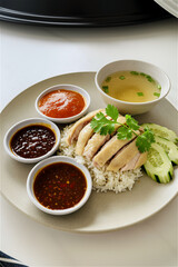 Hainanese Chicken Rice Photo: Asian Dish with Sliced Chicken, Rice, Soup, and Sauces on Plate. Clean White Background. Food Photography, Cuisine.