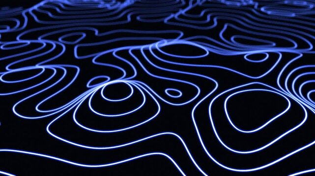 Line map landscape glowing blue. Abstract blue looped futuristic hi-tech mountains and canyons from glowing energy. Fly over 3D glowing topographical map. Technological geographica big data.