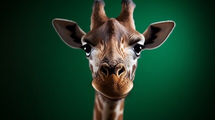 Curious Giraffe Portrait Closeup with Green Background.