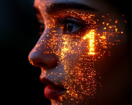 Womans face with digital art, and binary code.