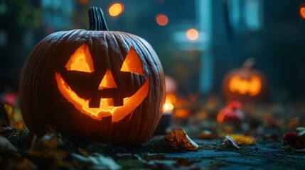 Eerie Jack-O'-Lantern Illuminating the Night with Blurred Ghostly Decor