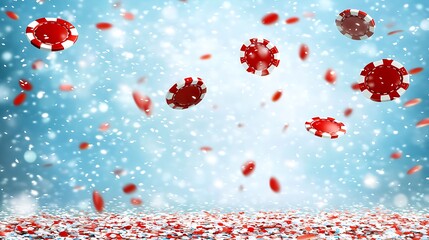 Red and white casino chips falling on snowy background.