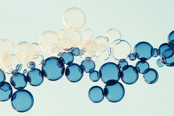 Fototapeta premium Abstract Molecular Bubbles: Capturing the essence of scientific exploration, this image features a captivating arrangement of blue and clear bubbles.