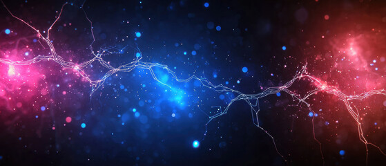 Fototapeta premium Glowing neural pattern overlaid on futuristic background, showcasing vibrant blue and pink colors with sparkling particles