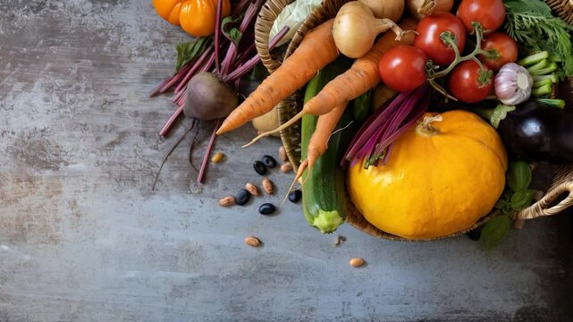 Rustic harvest bounty: fresh vegetables displayed on a wooden table
