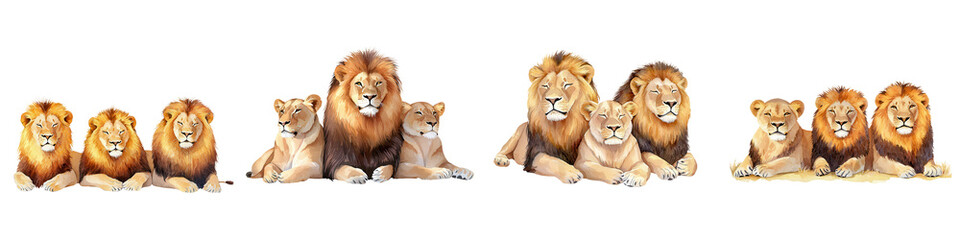 Obraz premium Family of Lions Resting in a Sunlit Savanna Landscape