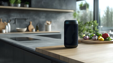Smart Speaker in a Modern Kitchen: A sleek smart speaker sits atop a wooden counter in a modern kitchen, a hub of technology and convenience amid fresh ingredients and stylish design.