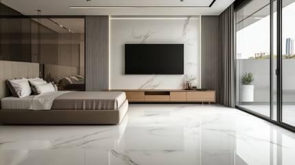 A sleek modern bedroom with a glossy white marble floor and a minimalist wooden TV stand