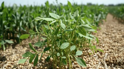 Obraz premium Soybeans planted sprouting in corn residue and cereal rye with a light green color and delicate tips