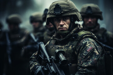 Generated with ai close up portrait of a soldier with a weapon during a military operation