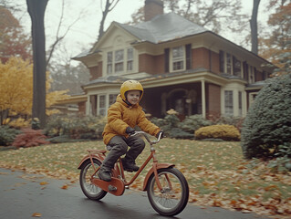 Obraz premium Happy child riding a bicycle in autumn backyard 