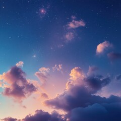 Obraz premium Ethereal celestial vista with soft clouds and a starlit sky evoking a sense of wonder and tranquility under the twilight glow of the cosmos