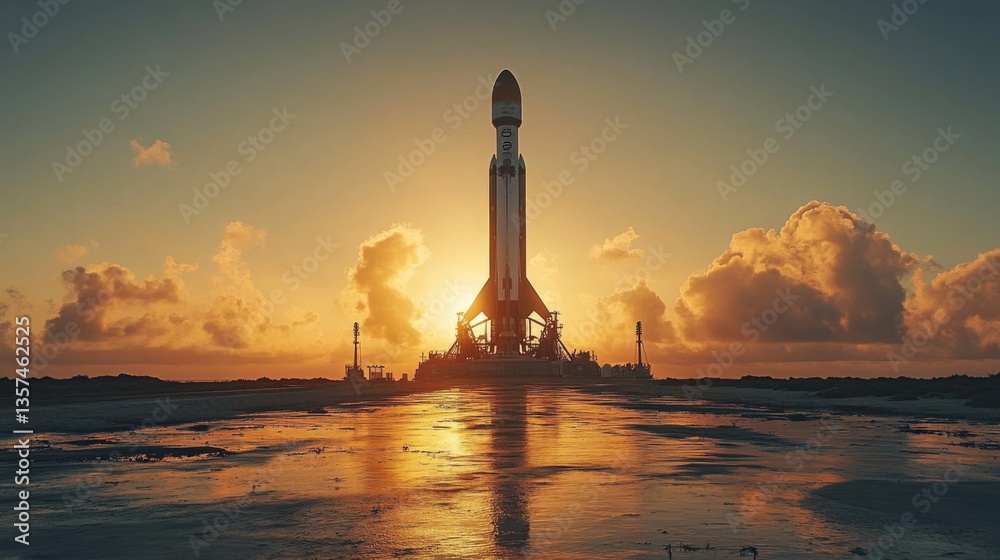 Poster Rocket stands tall on the launchpad as the sun sets, illuminating the clouds with a warm glow while highlighting the advancements in spaceflight and recovery systems.