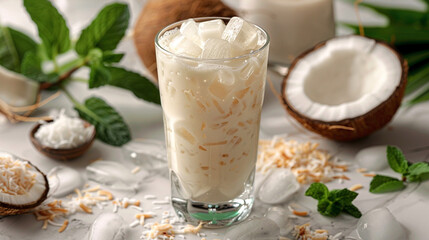 Cold glass of Sobia (Coconut Milk Drink) with ice cubes, surrounded by scattered coconut flakes and fresh mint leaves on a marble countertop.