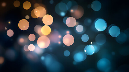 Fototapeta premium Abstract Bokeh Bliss: Captivating interplay of shimmering, out-of-focus lights in vibrant blue, orange and yellow, create an ethereal display for background, evoking a sense of magic and serenity.