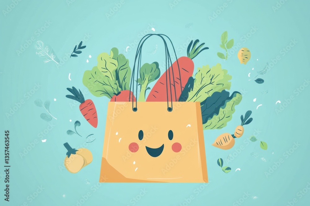Poster vegetables joyfully leaping out of a shopping bag in a fun and colorful cartoon illustration generat