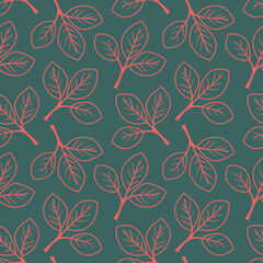 Elegant coral leaf sprigs on a deep teal background form a seamless pattern.