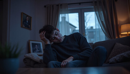 Fototapeta premium Young man feeling sad and contemplative in a dimly lit room 