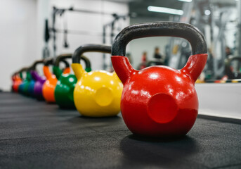 Kettlebell workout equipment lined up in a modern gym for strength training sessions