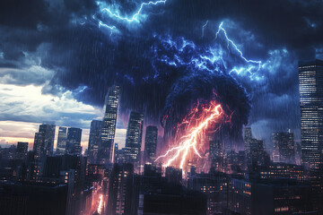 Dramatic lightning storm over a bustling city skyline with dark clouds and heavy rain