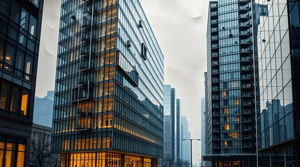 Fototapeta premium Abstract modern glass office building downtown, high angle perspective, bright lens flare, light streaks, vibrant colors, aerial view, sharp focus, dynamic composition, photorealistic style 