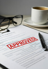 Document marked approved with a pen and coffee cup on a work desk during a bright morning