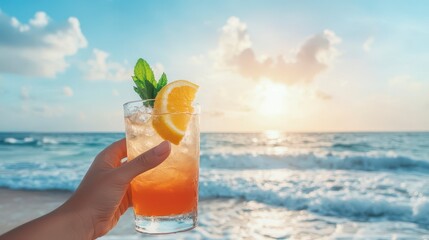 Obraz premium Tropical Escape: Sun-kissed hand, gripping a chilled cocktail, frames a breathtaking scene of an ocean with golden light. A cocktail that evokes sun-soaked moments, pure bliss.