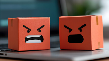 Two Angry Cardboard Boxes on Laptop