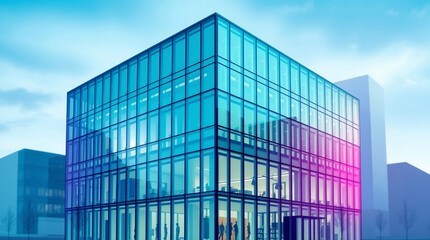 Abstract modern glass office building downtown, high angle perspective, bright lens flare, light streaks, vibrant colors, aerial view, sharp focus, dynamic composition, photorealistic style 