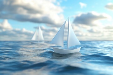 Fototapeta premium Serene voyage of minimalist sailboat on tranquil ocean with fluffy clouds and bright sunlight creating a peaceful seascape