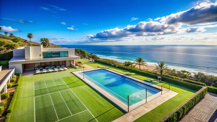 Fototapeta premium Luxurious Oceanfront Estate with Private Tennis Court: Panoramic View