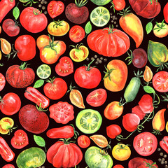 Tomatoes seamless pattern. Red, yellow, green tomato, farm vegetables. Digital paper pack. Stock illustration. Hand painted in watercolor.
