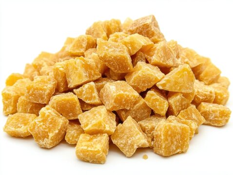 Pile of golden brown jaggery cubes on white background showcasing natural sweetness and healthy alternative sweetener for culinary use