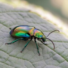 Naklejka premium A stunning macro shot of a jewel beetle with a metallic, iridescent exoskeleton reflecting shades of blue, green, and gold