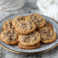 Delicious homemade chocolate chip cookies on a vintage plate creating a warm and inviting atmosphere perfect for baking enthusiasts and food bloggers