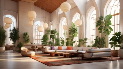 Fototapeta premium Luxurious hotel lobby with ornate wooden ceilings