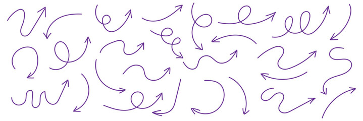 Arrows hand drawn doodle icons set. Curved cartoon arrows sketches collection. Flat and thin pointers illustrations. Scribble swirl arrow signs.
