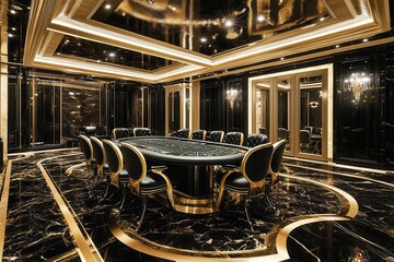 Obraz premium Luxurious Black and Gold Casino Room with Elegant Poker Table