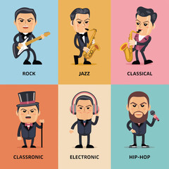 2d vector illustration icon cool entertainment cartoon character  music tools (Drum , Music Note , Headphones ,Microphone , Piano , Guitar ,Record) 
