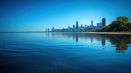 Fototapeta premium Serene Chicago Skyline Reflecting on Lake Michigan Waters Under a Clear Blue Sky on a Sunny Day Capturing Urban Beauty and Tranquility