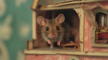 Small Mouse Standing Beside a Realistic Mini House with Stunning Architecture and Cozy Interior