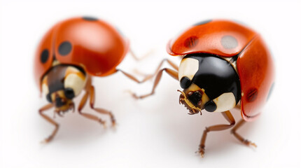 Isolated ladybug with red and black spots on a white background, showcasing its distinctive pattern.