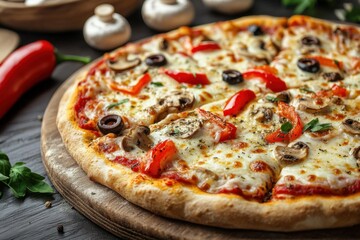 Appetizing pizza with mushrooms olives and red pepper on a wooden board rustic food photography culinary delight gourmet cuisine italian tradition