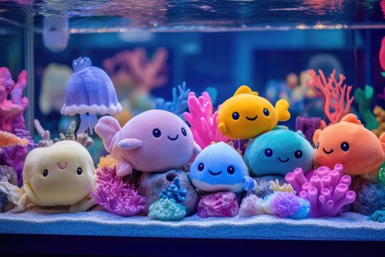 The Squishmallows are plush, with cute faces and soft textures, contrasting with the natural coral environment, creating a whimsical underwater scene