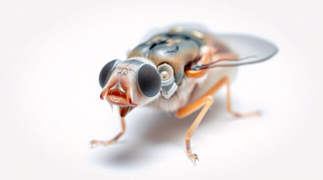 Close-up of an iridescent fly with detailed wings, red eyes, and long legs, captured in vivid detail.